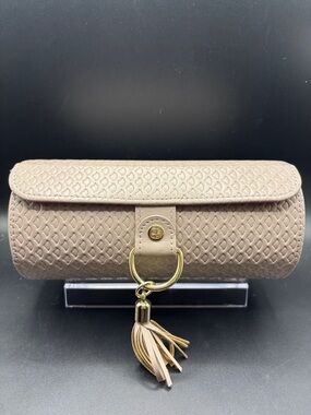 Taupe Textured Travel Jewelry Case with Gold Ring and Tassel -